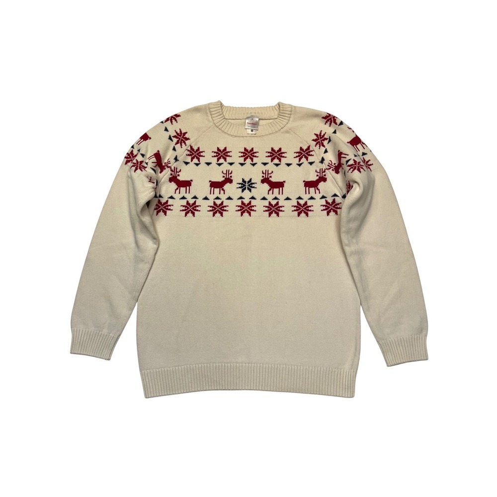 Hanna Andersson Cream Red Fair Isle Reindeer Snowflake 100% Cotton Sweater M